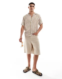 ONLY & SONS Revere Collar Stripe Shirt In Beige For Men Chinchilla