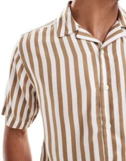 ONLY & SONS Revere Collar Stripe Shirt In Beige For Men Chinchilla -Modern Clothing Shop 206130206 3