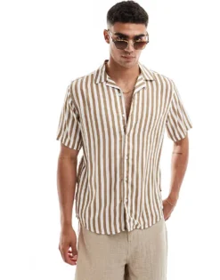 ONLY & SONS Revere Collar Stripe Shirt In Beige For Men Chinchilla -Modern Clothing Shop 206130206 4