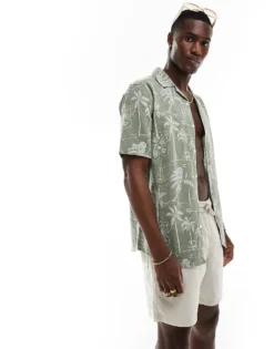 ONLY & SONS Revere Collar Linen Mix Shirt In Sage Hawaiian Print For Men Swamp