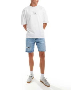 ONLY & SONS Regular Fit Distressed Denim Shorts In Light Blue Wash For Men Light Blue Denim -Modern Clothing Shop 206194993 5