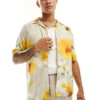 ONLY & SONS Revere Collar Viscose Shirt With Blurred Floral Print In Beige For Men Silver Lining