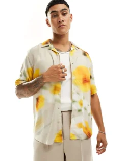 ONLY & SONS Revere Collar Viscose Shirt With Blurred Floral Print In Beige For Men Silver Lining