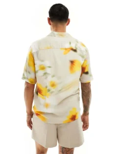 ONLY & SONS Revere Collar Viscose Shirt With Blurred Floral Print In Beige For Men Silver Lining -Modern Clothing Shop 206195014 3
