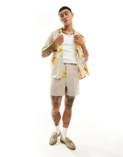 ONLY & SONS Revere Collar Viscose Shirt With Blurred Floral Print In Beige For Men Silver Lining -Modern Clothing Shop 206195014 4