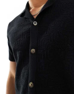 ONLY & SONS Revere Collar Open Knit Shirt In Black For Men -Modern Clothing Shop 206195052 3