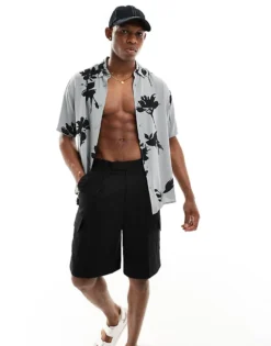 ONLY & SONS Relaxed Fit Viscose Shirt With Floral In Grey For Men Limestone