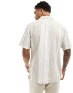 ONLY & SONS Revere Collar Linen Mix Shirt In Beige Stripe For Men Vintage Khaki -Modern Clothing Shop 206195088 4