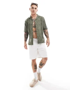 ONLY & SONS Revere Collar Shirt With Pointelle In Khaki For Men Dusty Olive