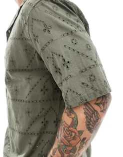 ONLY & SONS Revere Collar Shirt With Pointelle In Khaki For Men Dusty Olive -Modern Clothing Shop 206195132 3