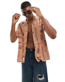 ONLY & SONS Revere Collar Fit Shirt With Doodle Print In Washed Orange For Men Dusty Coral