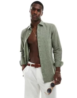 ONLY & SONS Linen Mix Long Sleeve Shirt In Sage For Men Swamp