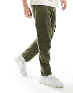 ONLY & SONS Linen Mix Tapered Cargo Trouser In Khaki For Men Olive Night -Modern Clothing Shop 206195418 4
