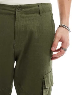ONLY & SONS Linen Mix Tapered Cargo Trouser In Khaki For Men Olive Night -Modern Clothing Shop 206195418 5