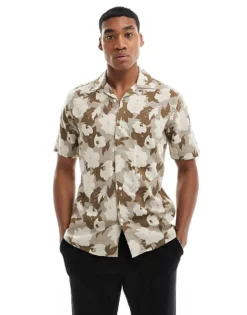 ONLY & SONS Linen Mix Revere Collar Floral Shirt In Beige For Men Chinchilla