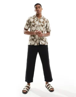 ONLY & SONS Linen Mix Revere Collar Floral Shirt In Beige For Men Chinchilla -Modern Clothing Shop 206195452 3