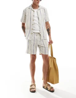 ONLY & SONS Woven Co-ord In Beige & Blue Stripe