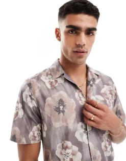 ONLY & SONS Revere Collar Regular Fit Shirt With Blurred Floral Print For Men Moonstruck
