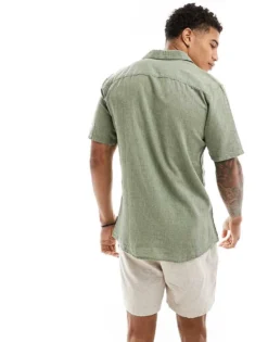 ONLY & SONS Linen Mix Revere Collar Shirt In Sage Green For Men Swamp -Modern Clothing Shop 206195613 4