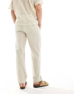 ONLY & SONS Linen Mix Loose Fit Trousers In Beige For Men Silver Lining -Modern Clothing Shop 206195681 3