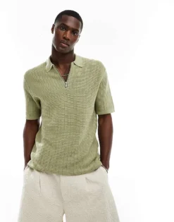 ONLY & SONS Half Zip Open Knit Polo In Sage Green For Men Tea