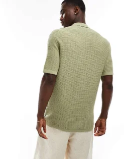 ONLY & SONS Half Zip Open Knit Polo In Sage Green For Men Tea -Modern Clothing Shop 206195710 3