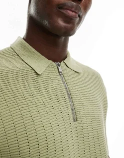 ONLY & SONS Half Zip Open Knit Polo In Sage Green For Men Tea -Modern Clothing Shop 206195710 4