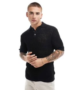 ONLY & SONS Open Knit Polo In Black For Men