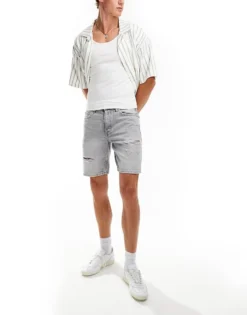 ONLY & SONS Regular Fit Distressed Denim Shorts In Washed Grey For Men Light Grey Denim -Modern Clothing Shop 206195763 5