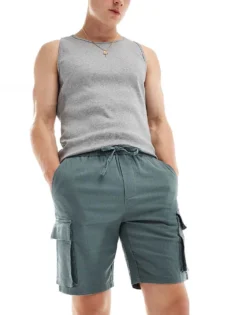 ONLY & SONS Pull On Linen Mix Cargo Short In Teal For Men Balsam Green