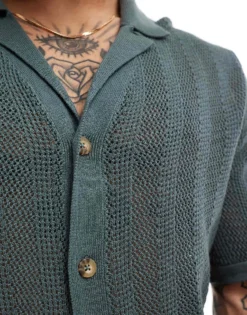 ONLY & SONS Open Knit Shirt In Teal For Men Balsam Green -Modern Clothing Shop 206195852 3