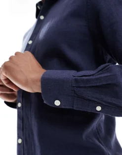 ONLY & SONS Linen Mix Long Sleeve Shirt In Navy For Men Night Sky -Modern Clothing Shop 206195916 3