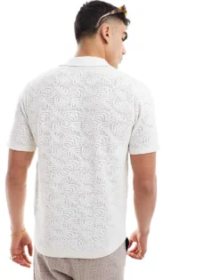 ONLY & SONS Revere Collar Open Knit Shirt In White For Men Antique White -Modern Clothing Shop 206196035 4