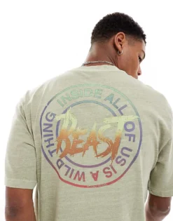 ONLY & SONS Relaxed Fit T-shirt With Retro Beast Back Print In Washed Khaki For Men Tea