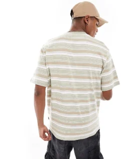 ONLY & SONS Relaxed Fit T-shirt In Tonal Khaki Stripe For Men Tea -Modern Clothing Shop 206196067 3