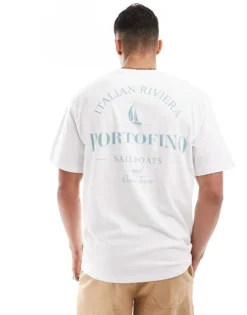 ONLY & SONS Relaxed Fit T-shirt With Portofino Back Print In Off White For Men Bright White