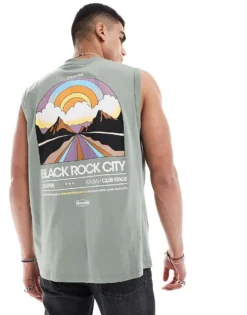 ONLY & SONS Oversized Vest With Black Rock Back Print In Sage Green For Men Seaspray -Modern Clothing Shop 206252784 1 seaspray 1