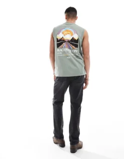 ONLY & SONS Oversized Vest With Black Rock Back Print In Sage Green For Men Seaspray -Modern Clothing Shop 206252784 3