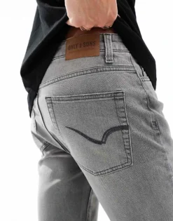ONLY & SONS Slim Tapered Fit Jeans In Washed Grey For Men Grey Denim -Modern Clothing Shop 206299580 3