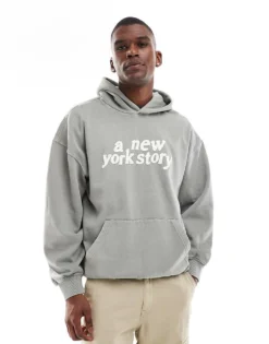 ONLY & SONS Relaxed Fit Hoodie With NY Print In Washed Light Grey For Men Limestone