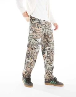 ONLY & SONS Loose Fit Trousers In Beige Leaf Camo For Men Bungee Cord