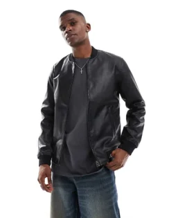 ONLY & SONS Faux Leather Bomber Jacket In Black For Men