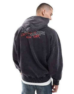 ONLY & SONS Relaxed Fit Hoodie With NY Print In Washed Black For Men -Modern Clothing Shop 206300166 4