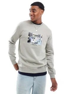 ONLY & SONS Crew Neck Sweat With NY Photo Print In Washed Light Grey For Men Limestone