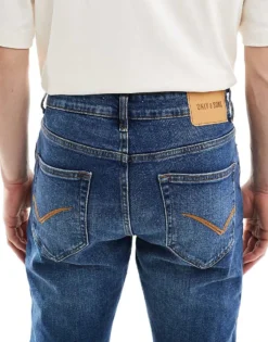 ONLY & SONS Rope Slim Tapered Fit Jeans In Mid Blue Wash For Men Dark Blue Denim -Modern Clothing Shop 206300269 4