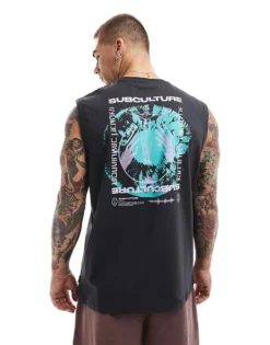 ONLY & SONS Oversized Vest With Subculture Back Print In Charcoal For Men Phantom