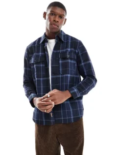 ONLY & SONS Worker Overshirt In Navy Check For Men Dark Navy