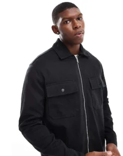ONLY & SONS Zip Through Heavy Twill Overshirt In Black For Men -Modern Clothing Shop 206317244 4