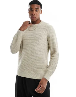 ONLY & SONS Waffle Crew Neck Jumper In Beige For Men Silver Lining -Modern Clothing Shop 206317263 1 silverlining 1