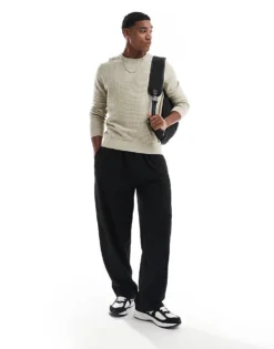 ONLY & SONS Waffle Crew Neck Jumper In Beige For Men Silver Lining -Modern Clothing Shop 206317263 3